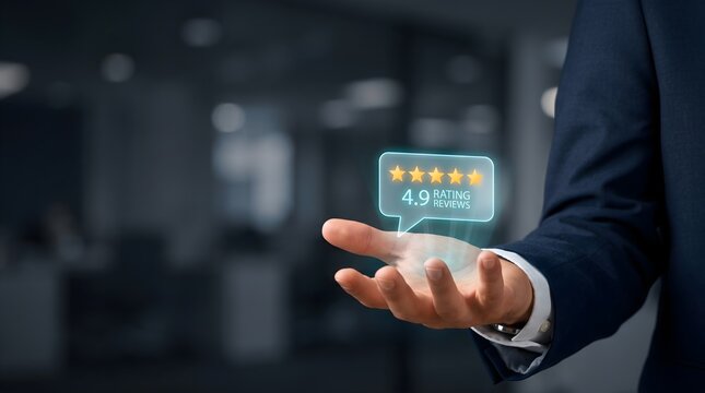 Customer review rating concept with five star feedback on business hand