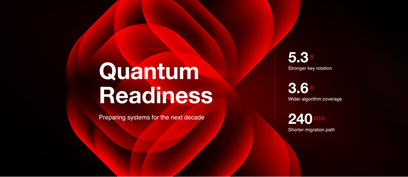 Abstract red floral design promotes quantum readiness. Metrics highlight improved system performance, speed, coverage. Future focused technology presentation.