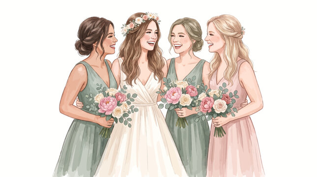 Watercolor Bridal Party Women Flowers Illustration Clipart Set