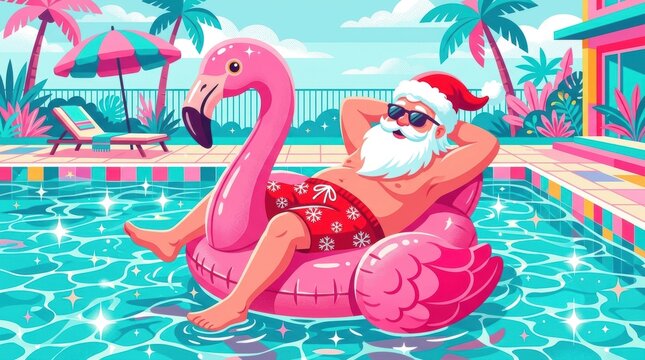 Santa Claus relaxing pink flamingo pool float sunglasses, poolside umbrella lounge chair palm trees, tropical house, illustration, vector, cartoon. Christmas summer poolside relaxation theme
