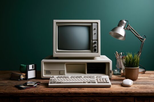 Vintage 90s computer workplace with diskettes