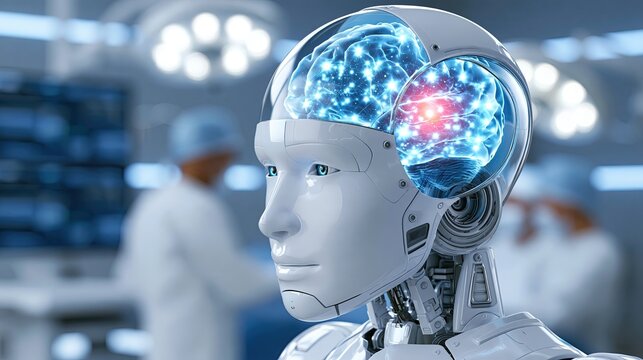 White humanoid robot head in operating room, glowing digital brain neural network inside transparent shell, AI medical neuroscience 3D render