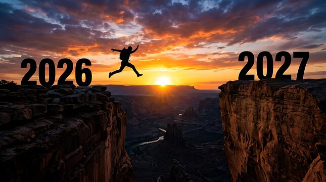 A silhouette of a person jumping across a canyon from 2026 to 2027 during a beautiful sunset