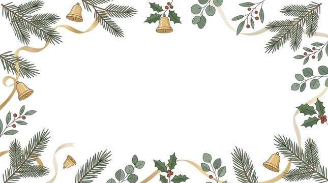 Christmas wreath with pine branches, mistletoe, and gold bells on a white background.