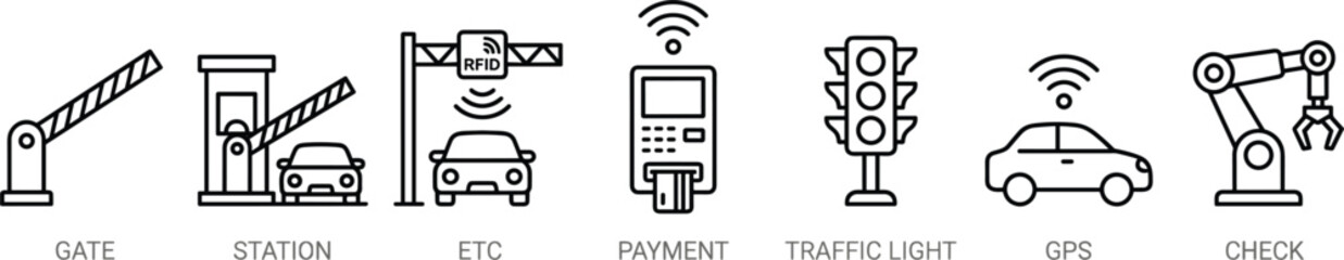 MobileSmart toll gate system line icon set featuring automatic boom barrier electronic payment station and intelligent traffic control symbols © MD