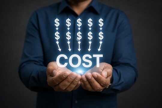 Person cupping hands with downward dollar symbols representing cost reduction concept