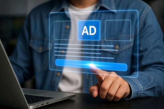 Person interacting with a glowing digital advertising interface next to a laptop computer