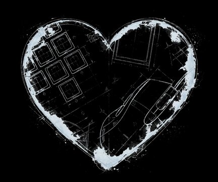 Compiuter PC Heart blueprint, gaming. Tech love design
PC o gaming Heart on the black background