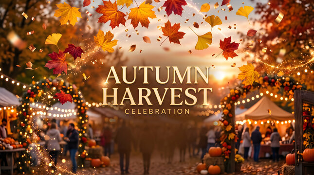 Autumn harvest celebration banner, festive fall market background with golden lights, seasonal festival flyer template