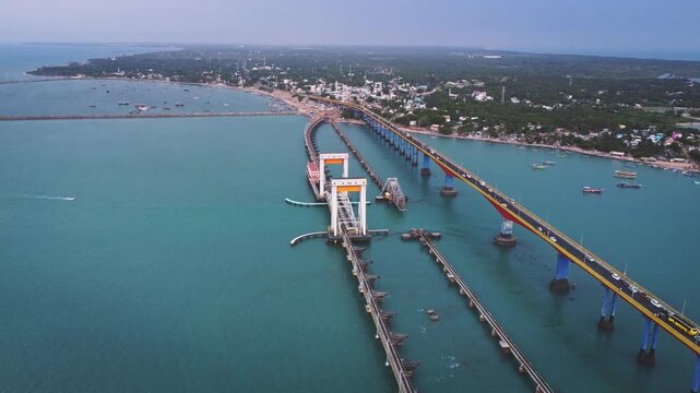 Aerial drone view of the New Pamban Railway Bridge connecting Rameswaram Island to mainland India across the Palk Strait in Tamil Nadu.