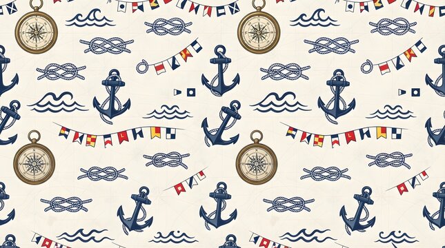 Seamless nautical pattern with anchors, compasses, knots, and signal flags