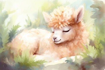 Fototapeta premium Cute baby alpaca drawing animal mammal.