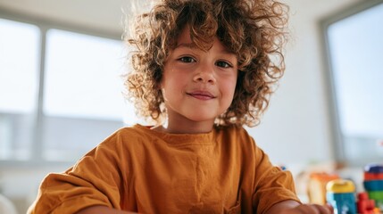 Fototapeta premium Young Boy with Curly Hair, Wearing a Yellow Jacket, Sitting at a Table in an Indoor Environment.