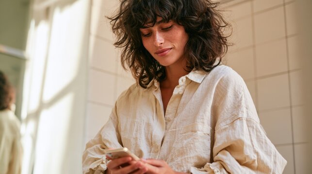 Woman in Rustic Shirt Looking at Phone, Casual, Chic, Vintage, Indie Fashion, Urban Style
