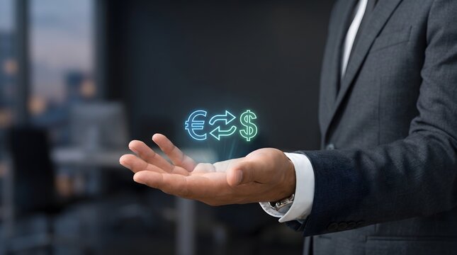 International currency exchange, Businessman Holding Glowing Symbols