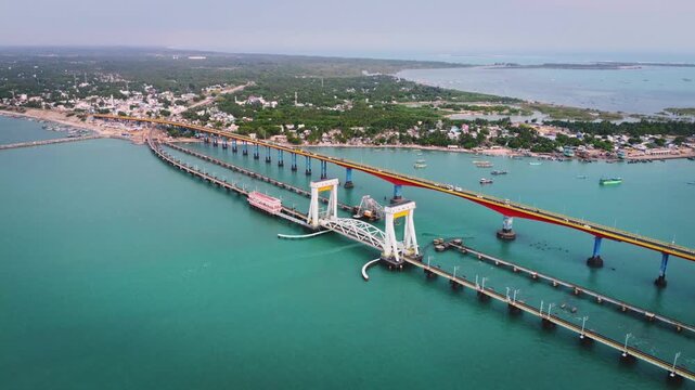 Aerial drone view of the New Pamban Railway Bridge connecting Rameswaram Island to mainland India across the Palk Strait in Tamil Nadu.