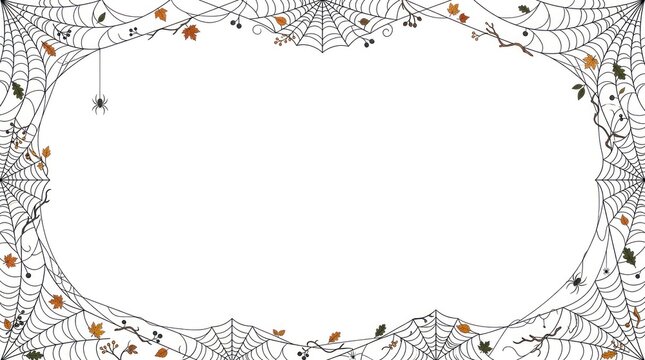 A Halloween-themed frame with spider webs, leaves, and berries on a white background.