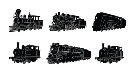 Collection of vintage locomotive silhouettes against a white background © MdNirob