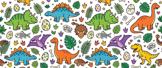 Cute Cartoon Dinosaurs and Prehistoric Elements Pattern © adung