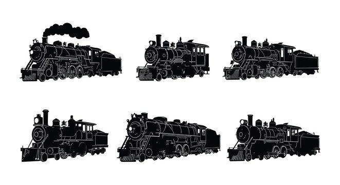 Collection of vintage locomotive silhouettes against a white background