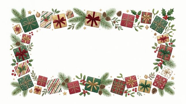 A festive Christmas-themed border featuring gift boxes, pine branches, and holly berries.