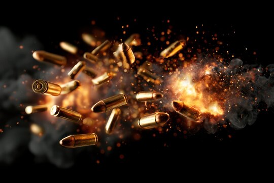 Golden ammunition cartridges flying through fire and smoke