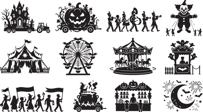 Halloween carnival and fairground featuring haunted houses, ferris wheels, carousels, pumpkin carriages, and festive parade silhouettes