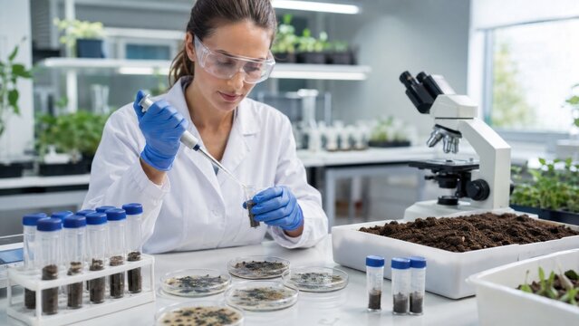 Scientist conducts research on plant soil samples in laboratory with lab equipment and plants