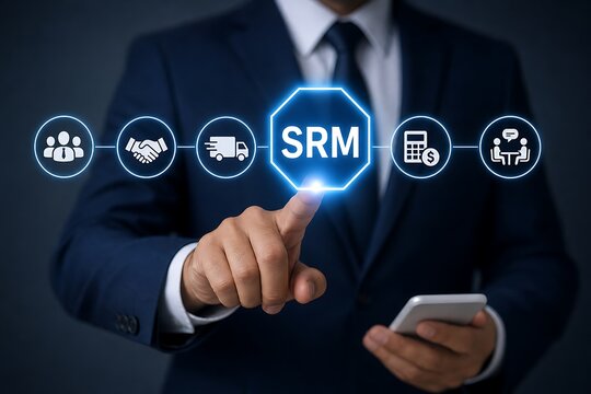 Businessman pointing at glowing supplier relationship management srm hologram icon