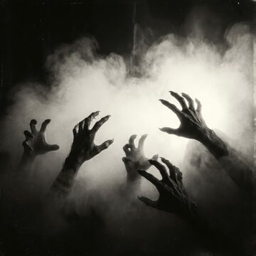 Scary human hands reaching out from dark fog