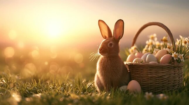 Easter holiday celebration cute bunny sitting next to a wicker basket filled with colorful eggs and spring flowers in a sunny meadow at sunset