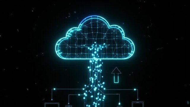 Cloud computing upload with data particles flowing from devices to cloud storage