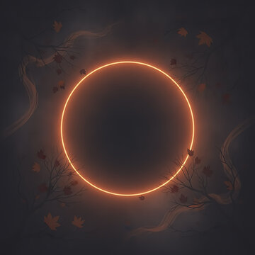 Glowing orange neon circle frame with autumn leaves