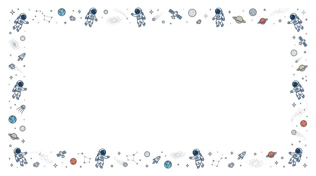 A white background with a blue and white space-themed border featuring astronaut illustrations, planets, and stars.