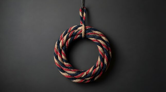 A circular nautical rope wreath with red, white, and blue strands hanging against a dark grey background