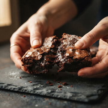 Macro Close-up Hands Breaking Rich Chocolate Brownie