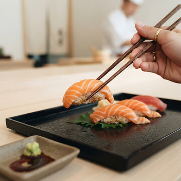 POV Close-up Hand Using Chopsticks to Pick Up Salmon Nigiri