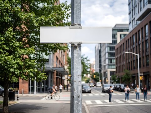 Blank metal street sign attached to a pole on a busy urban road with pedestrians crossing the crosswalk and trees in the city background