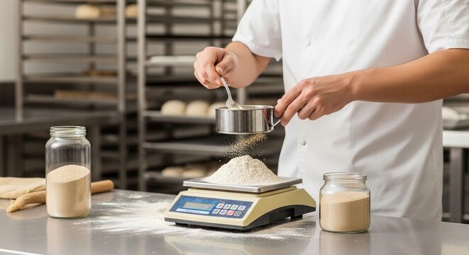 Baker precisely measuring premium flour using a sifter and digital scale in a bakery kitchen for quality baked goods.