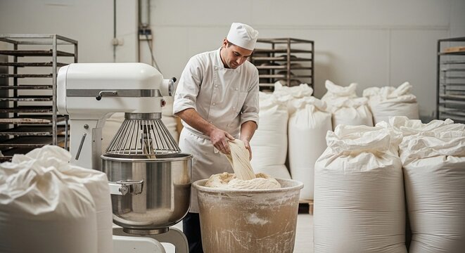 Professional baker expertly mixing large batch of dough for bread making in a commercial bakery kitchen
