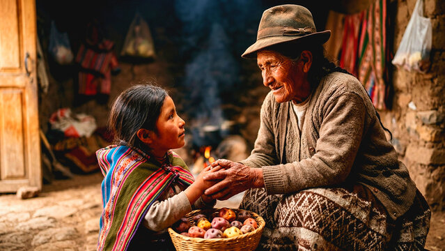 Indigenous Andean grandmother and granddaughter holding hands over a basket of potatoes in a rustic home
