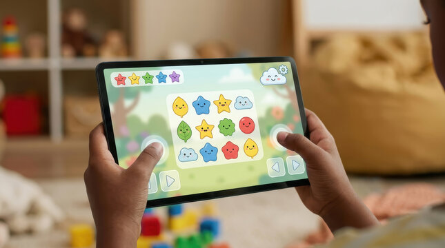 A child is holding a tablet displaying a vibrant puzzle game with various shapes and colors. The setting features a cozy play area with soft toys and building blocks scattered on the floor