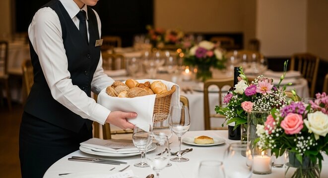 Professional banquet server expertly refilling bread basket at an elegant formal dining event