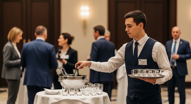 Professional banquet server meticulously preparing drinks at an elegant event reception