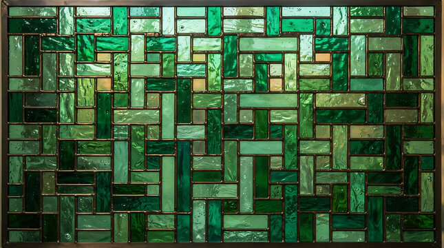 Abstract geometric stained glass window panel with various shades of green and rectangular shapes in a grid