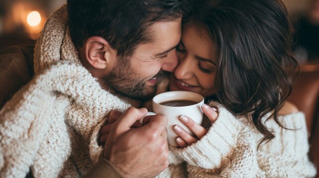 Close up of a romantic couple sharing a warm cup of coffee while wrapped in a cozy knit sweater