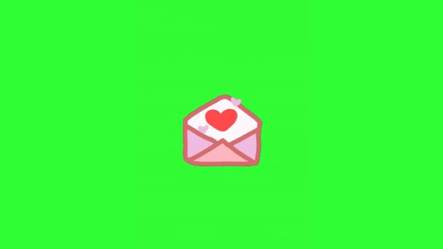 Animated pink love letter envelope with a red heart on a bright green screen, designed for romantic storytelling, Valentine videos, wedding invitations, greeting messages, social media content, 