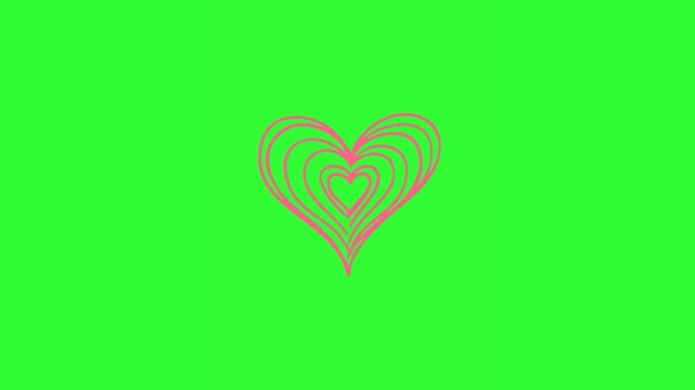 Animated pink nested heart outlines on a bright green screen, creating a romantic love graphic overlay for Valentine videos, wedding edits, social media content, and chroma key motion graphics.

