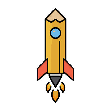 Pencil rocket launching with flames, flat design