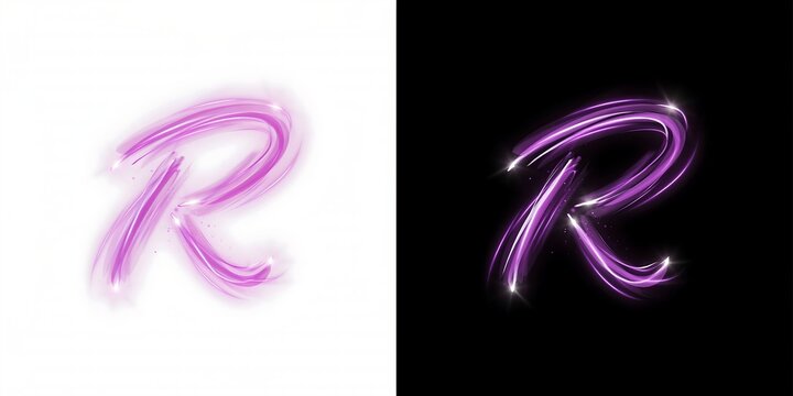 Letter r made of glowing neon light streaks on split background.